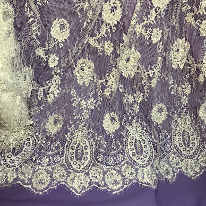 3 Yards Precut Beaded & Corded Chantilly Floral Lace Fabric Embroidered on 100% Polyester Net Mesh | Lace USA - 97143W-BP