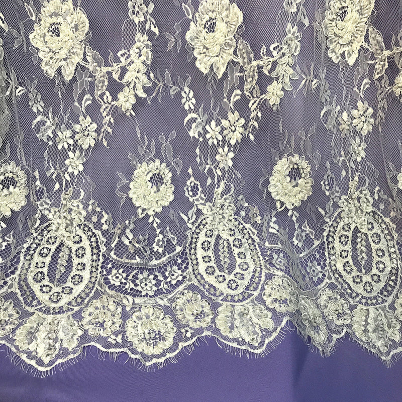 3 Yards Precut Beaded & Corded Chantilly Floral Lace Fabric Embroidered on 100% Polyester Net Mesh | Lace USA - 97143W-BP