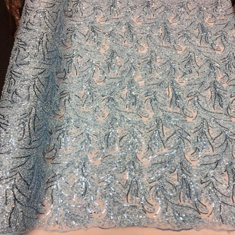 Teal Cozy Pop Thread Floral Sequins Lace Fabric