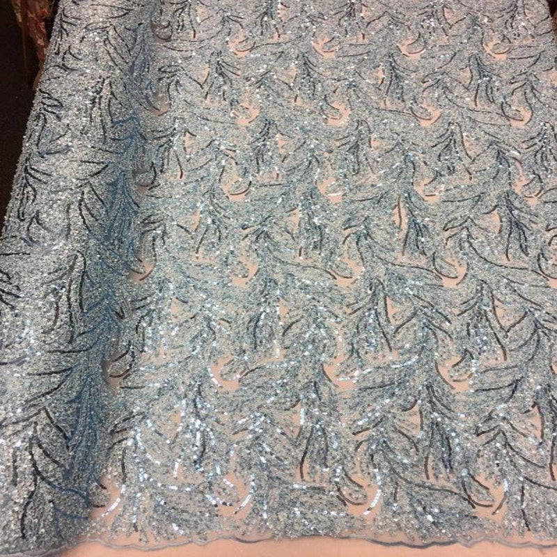 Baby Blue Cozy Pop Thread Floral Sequins Lace Fabric