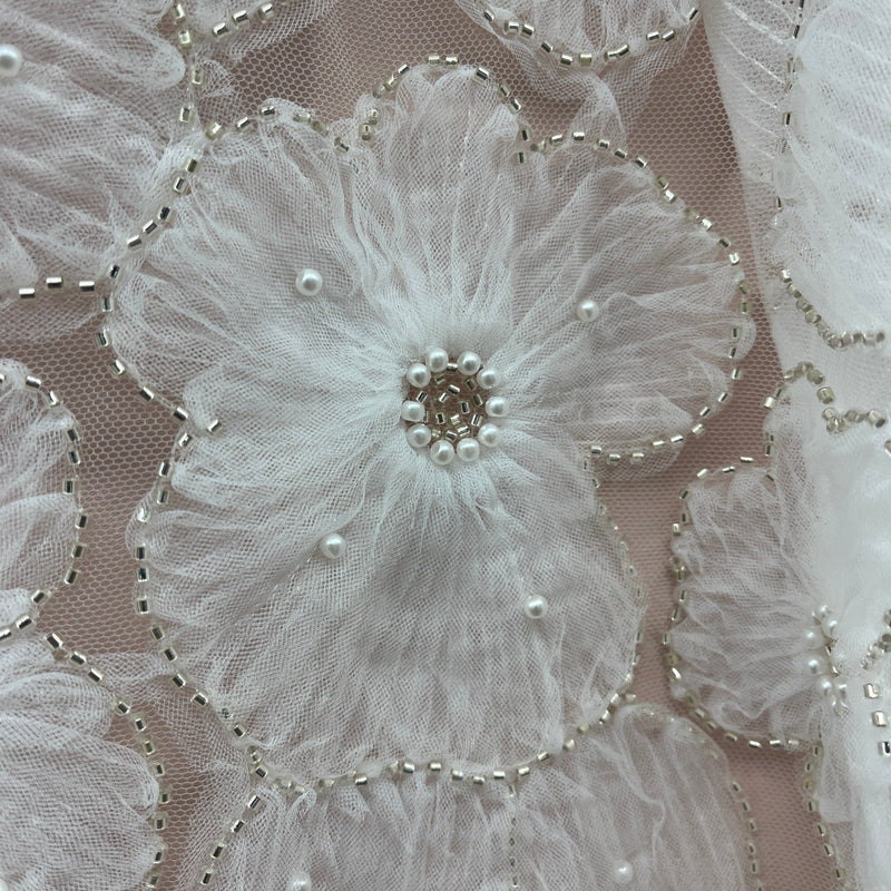 Beaded 3D Floral Lace Fabric Embroidered on 100% Polyester Net Mesh | Spandex Palace - GD-216