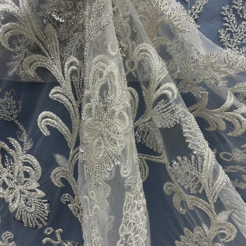 Beaded Lace Fabric Embroidered on 100% Polyester Net Mesh | Spandex Palace- GD-237303