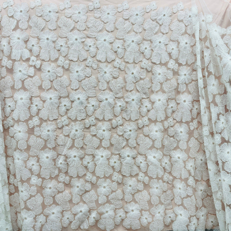 Beaded 3D Floral Lace Fabric Embroidered on 100% Polyester Net Mesh | Spandex Palace - GD-216