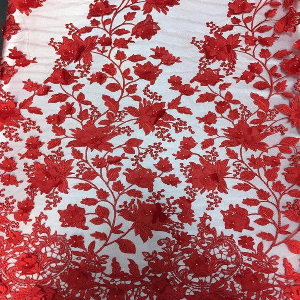 Red 3D Embroidered Satin Floral Pearl Lace Fabric