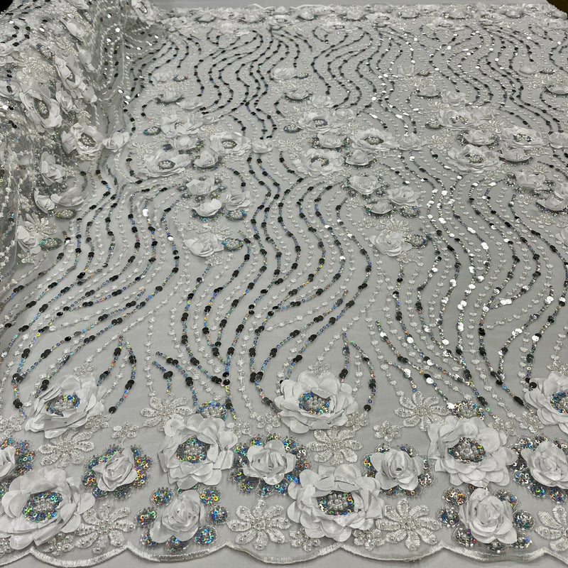 Beaded and Sequined 3D Floral Sparkling Lace Fabric Embroidered on 100% Polyester Net Mesh | Spandex Palace- GD-2212