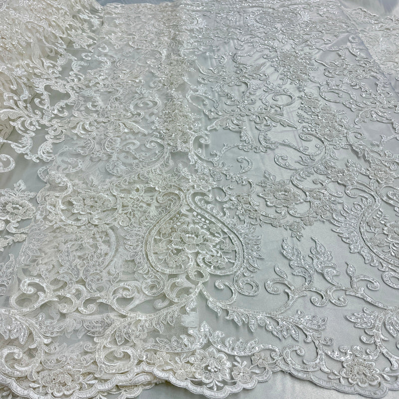 Beaded & Corded Bridal Lace Fabric Embroidered on 100% Polyester Net Mesh | Spandex Palace - GD-55719