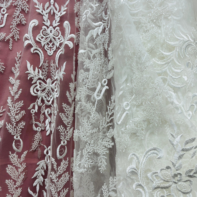 Beaded Lace Fabric Embroidered on 100% Polyester Net Mesh | Spandex Palace- GD-237303