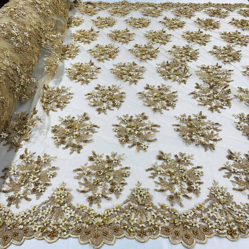 Beaded 3D Floral Lace Fabric Embroidered on 100% Polyester Net Mesh | Spandex Palace