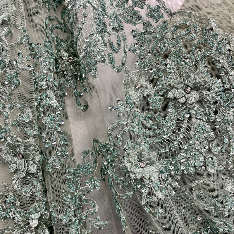 Beaded 3D Floral Lace Fabric Embroidered on 100% Polyester Net Mesh | Spandex Palace- GD-2302