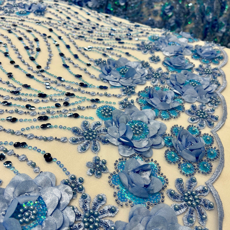 Beaded and Sequined 3D Floral Sparkling Lace Fabric Embroidered on 100% Polyester Net Mesh | Spandex Palace- GD-2212