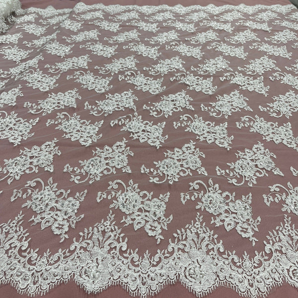 Beaded Lace Fabric Embroidered on 100% Polyester Net Mesh | Lace USA - 96682W-BP