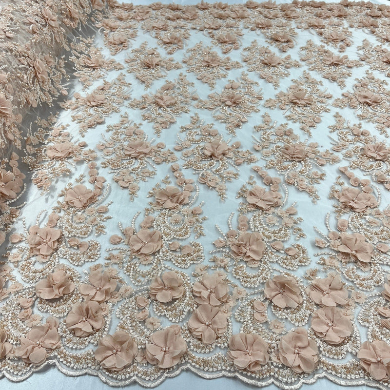 Beaded 3D Floral Lace Fabric Embroidered on 100% Polyester Net Mesh 
| Lace USA - GD-362