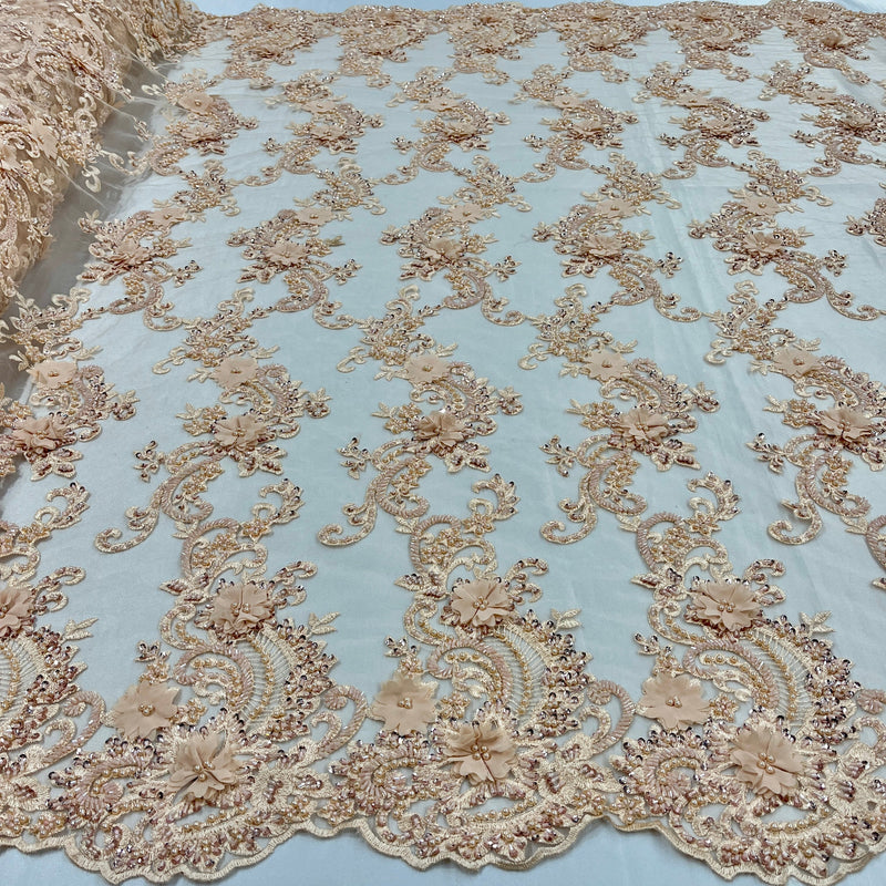 3D Beaded Floral Lace Fabric Embroidered on 100% Polyester Net Mesh | Lace USA - GD-2303