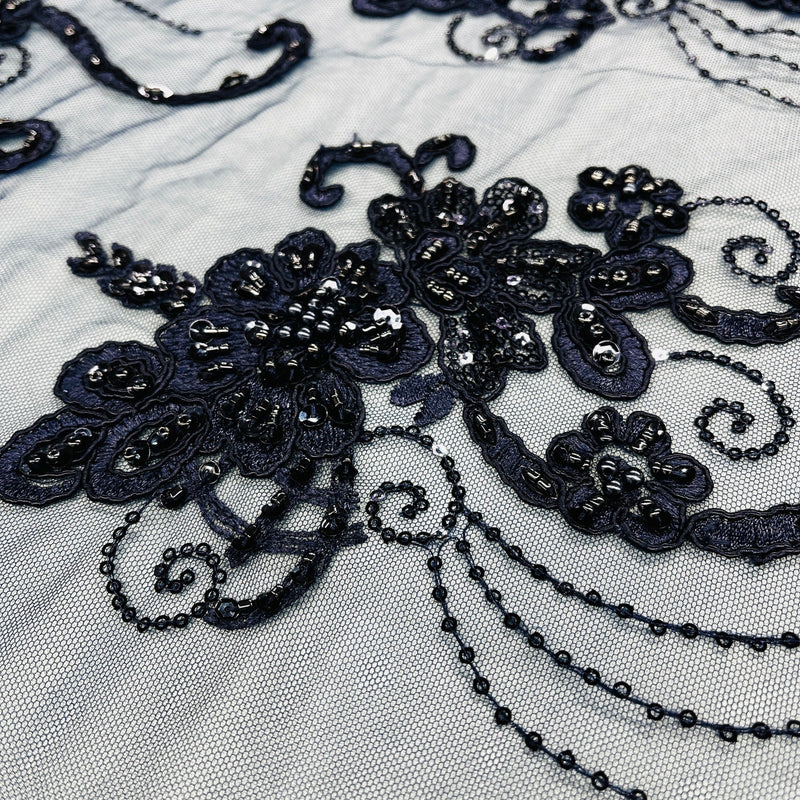 Beaded & Corded Lace Fabric Embroidered on 100% Polyester Net Mesh | Lace USA - GD-1807