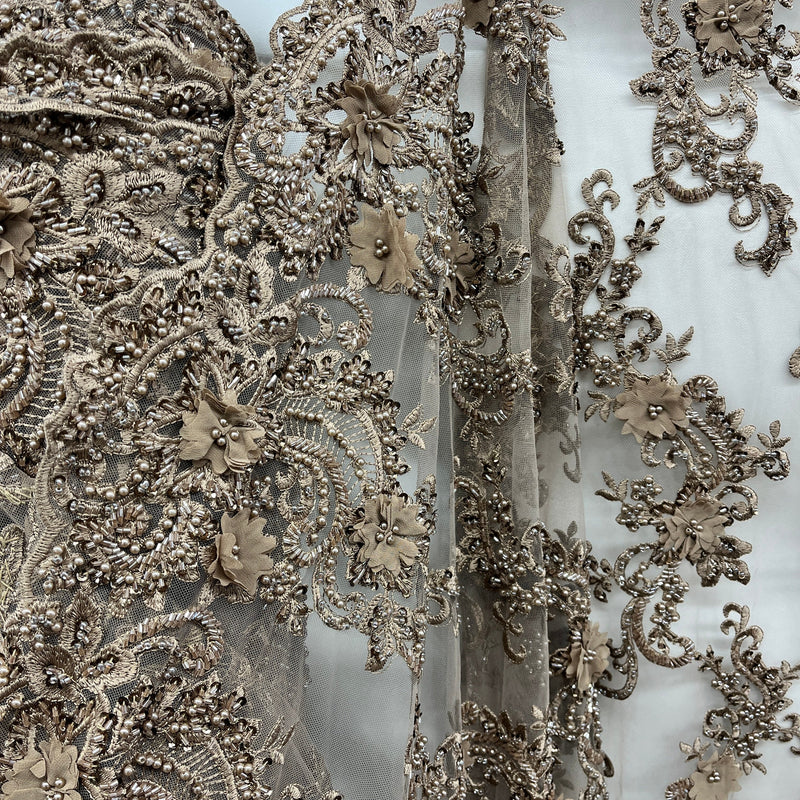 3D Beaded Floral Lace Fabric Embroidered on 100% Polyester Net Mesh | Lace USA - GD-2303