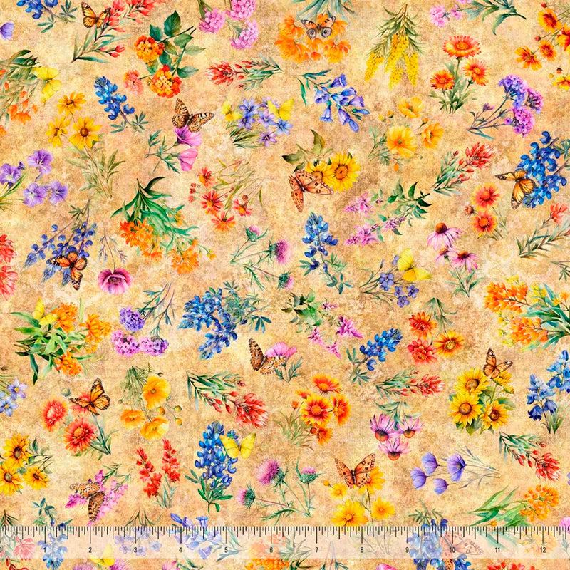 ATXSH Texas Wildflowers Tan Cotton 44"/45" Fabric Per Yard