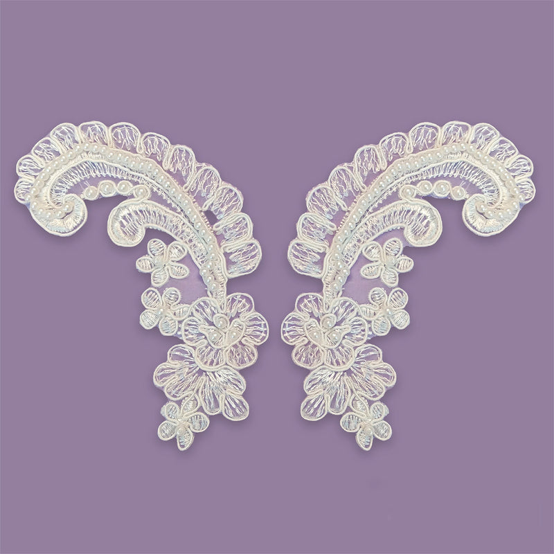 Beaded & Corded Floral Lace Applique Embroidered on 100% Polyester Net Mesh | Spandex Palace - 90156W-BP