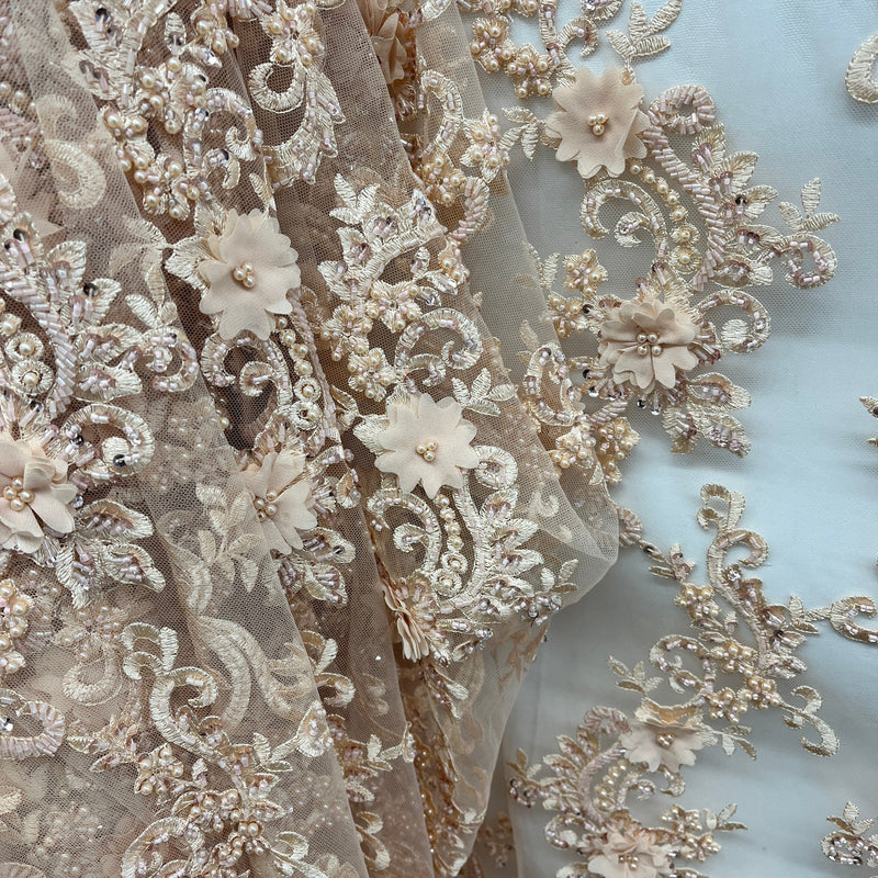 3D Beaded Floral Lace Fabric Embroidered on 100% Polyester Net Mesh | Spandex Palace