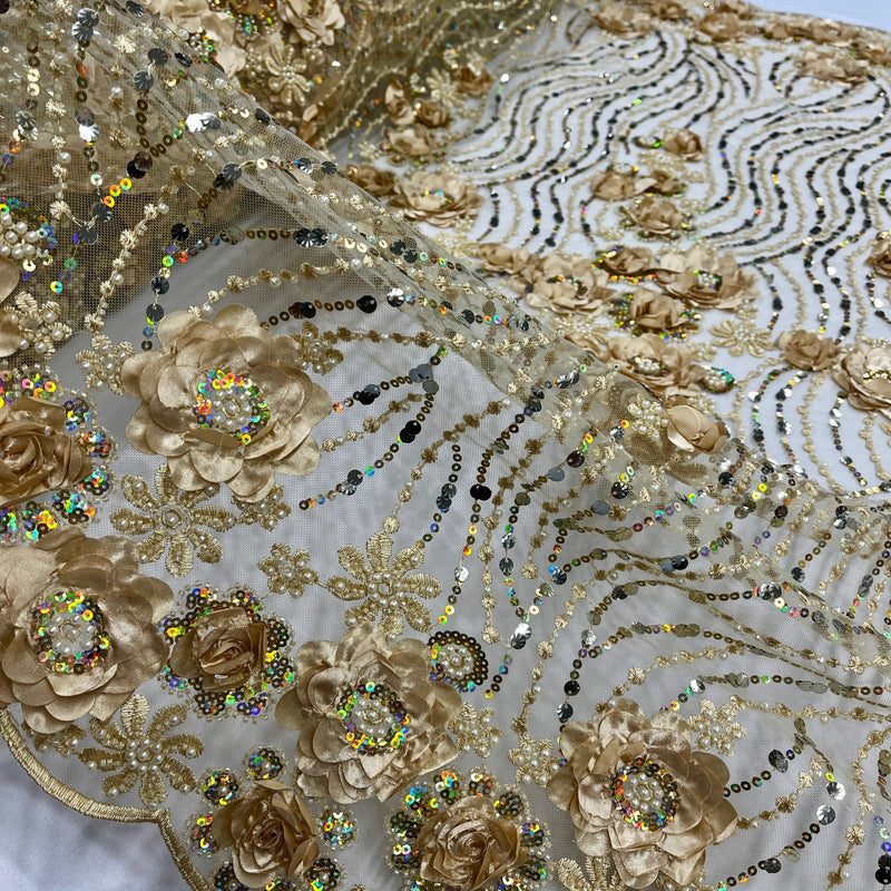 Beaded and Sequined 3D Floral Sparkling Lace Fabric Embroidered on 100% Polyester Net Mesh | Spandex Palace- GD-2212