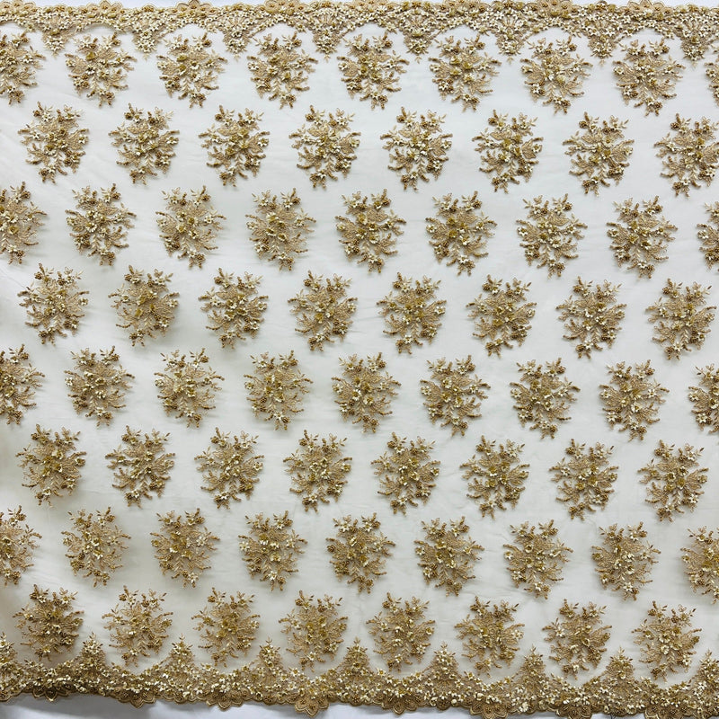 Beaded 3D Floral Lace Fabric Embroidered on 100% Polyester Net Mesh | Spandex Palace