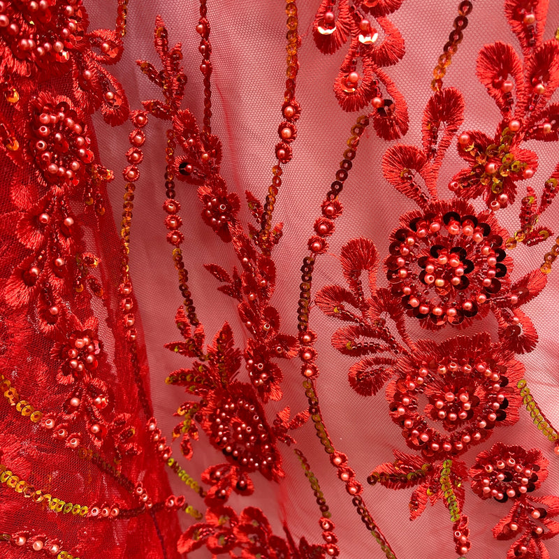 Beaded and Sequined Floral Sparkling Lace Fabric Embroidered on 100% Polyester Net Mesh| Spandex Palace