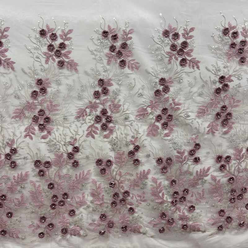 Beaded 3D Floral Lace Fabric Embroidered on 100% Polyester Net Mesh | Lace USA - GD-229