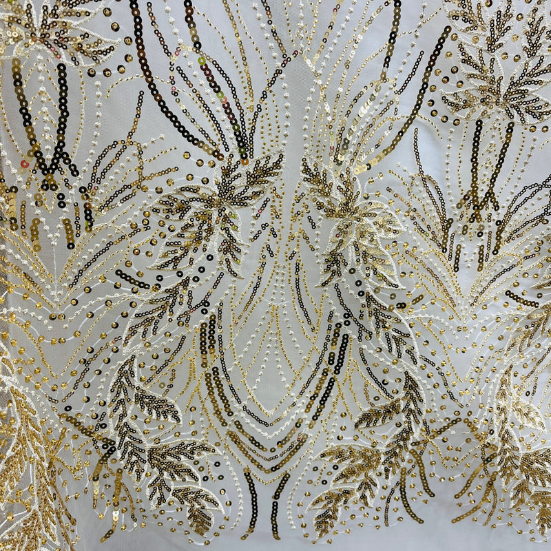 Beaded & Sequined Lace Fabric Embroidered on 100% Polyester Net Mesh | Spandex Palace - GD-2918