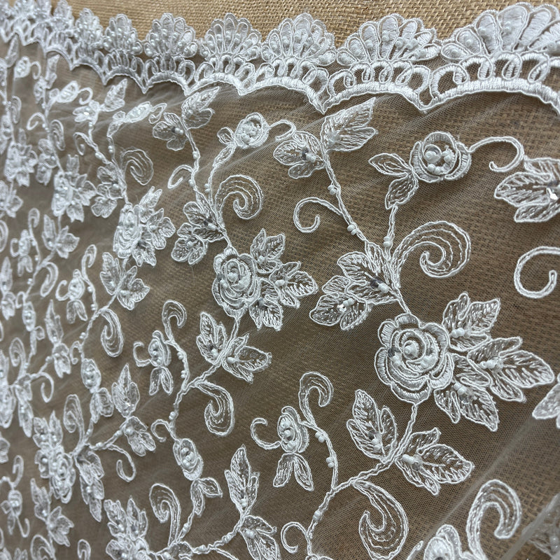 Beaded & Corded Bridal Lace Fabric Embroidered on 100% Polyester Net Mesh | Spandex Palace- 95042W-BP