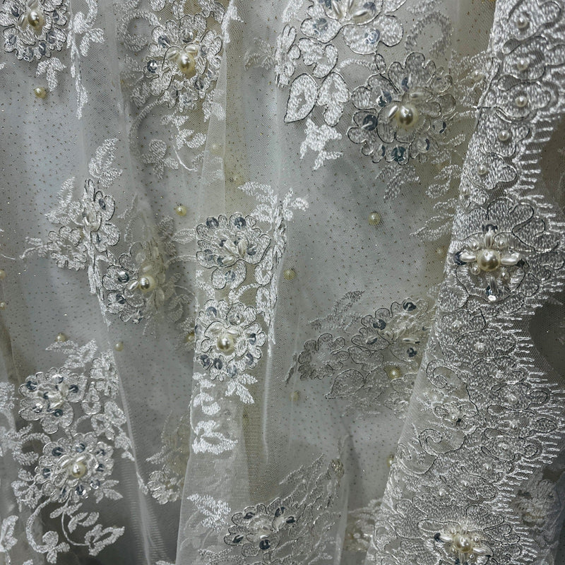 Beaded Lace Fabric Embroidered on 100% Polyester Net Mesh | Lace USA - 96682W-BP