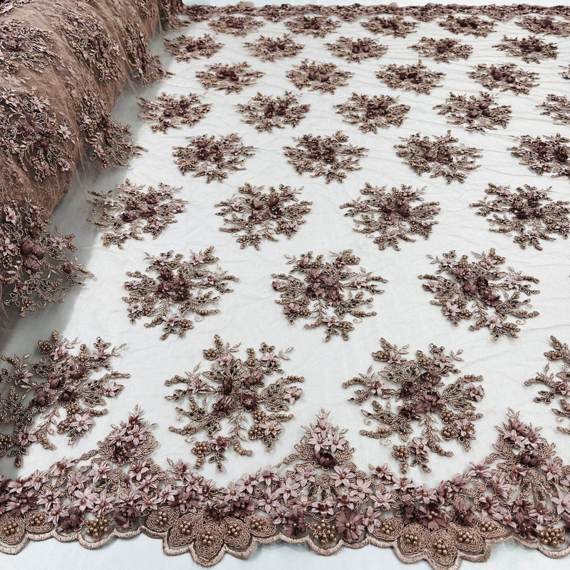 Beaded 3D Floral Lace Fabric Embroidered on 100% Polyester Net Mesh | Spandex Palace