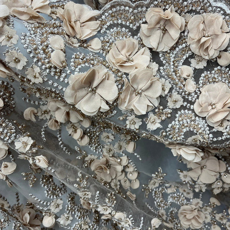 Beaded 3D Floral Lace Fabric Embroidered on 100% Polyester Net Mesh 
| Lace USA - GD-362