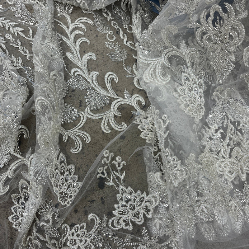 Beaded Lace Fabric Embroidered on 100% Polyester Net Mesh | Spandex Palace- GD-237303