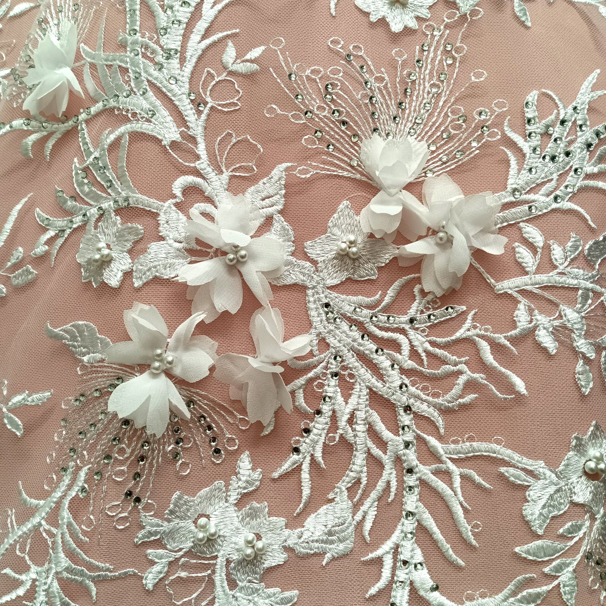 Beaded & Rhinestone 3D Floral Lace Fabric Embroidered on 100% Polyester Net Mesh | Lace USA GD-743