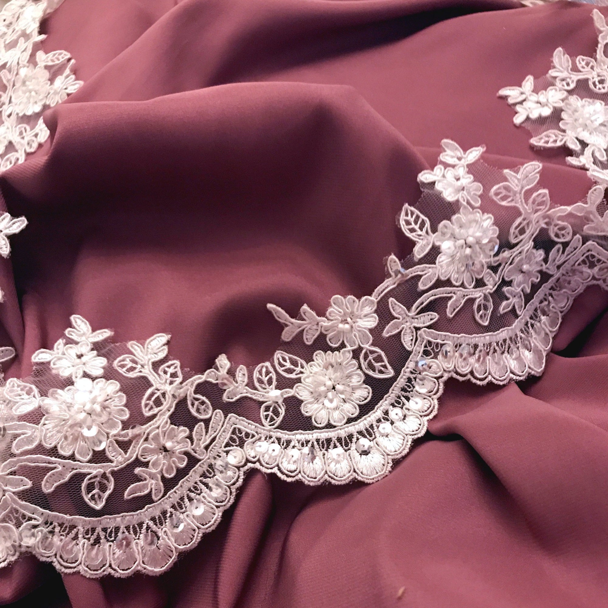 Beaded & Corded Floral scalloped Bridal Lace Trimming  | Lace USA - 96215W-BP