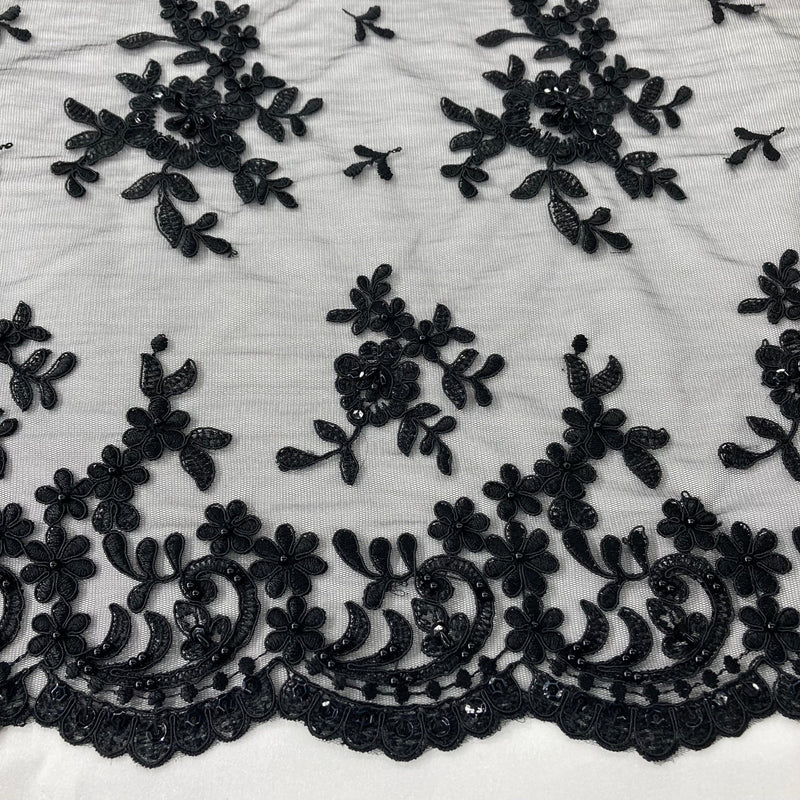 Beaded & Corded Bridal Lace Fabric Embroidered on 100% Polyester Net Mesh | Lace USA - 91436W-BP