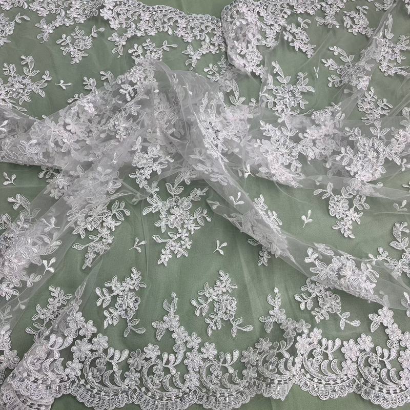 Beaded & Corded Bridal Lace Fabric Embroidered on 100% Polyester Net Mesh | Lace USA - 91436W-BP