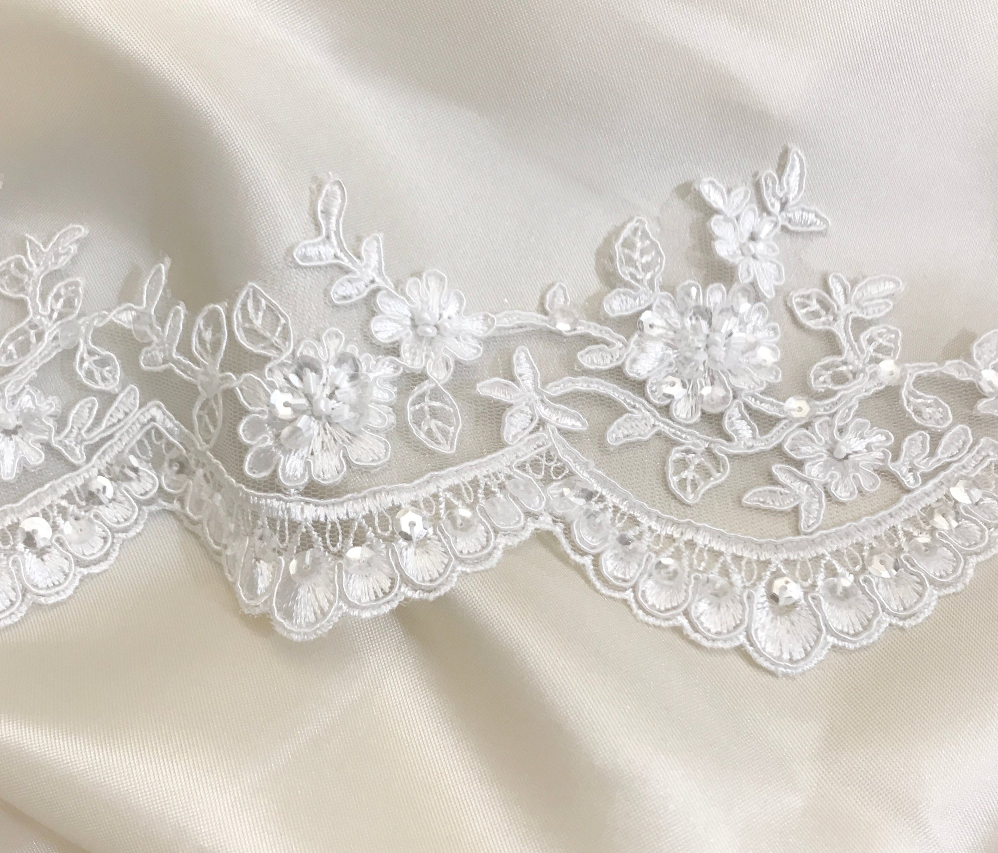 Beaded & Corded Floral scalloped Bridal Lace Trimming  | Lace USA - 96215W-BP