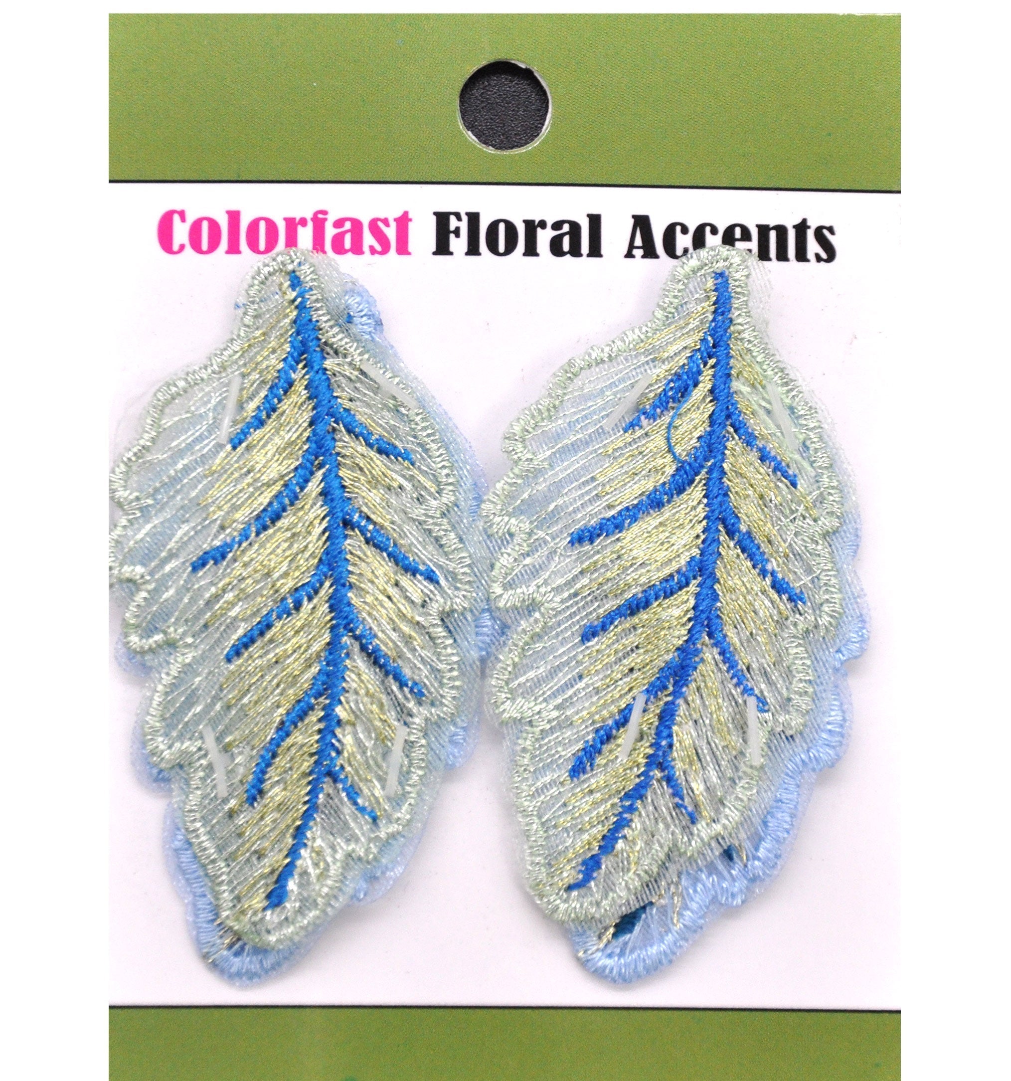 Belagio Enterprises - 1 1/4" Embroidered Leaf Appliques - 2pcs Per Card (6 Cards Per Order) - BPP-M3-03 Blue & Green