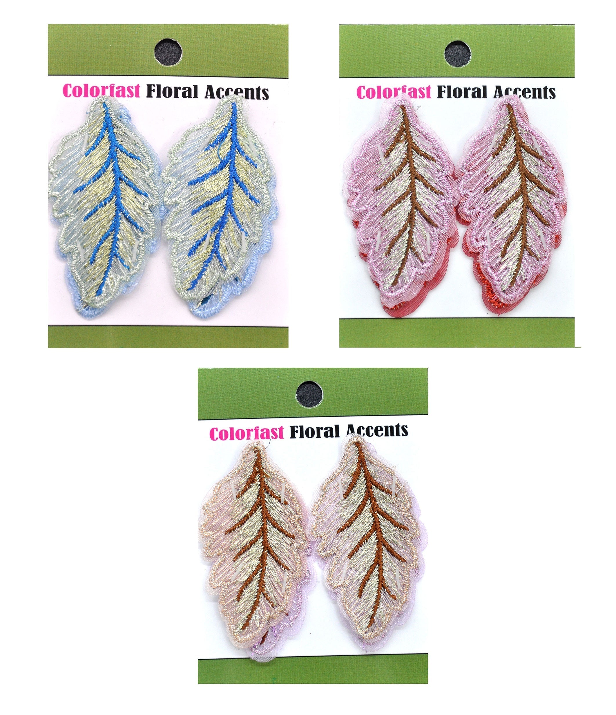 Belagio Enterprises - 1 1/4" Embroidered Leaf Appliques - 2pcs Per Card (6 Cards Per Order) - BPP-M3-09 Salmon & Taupe