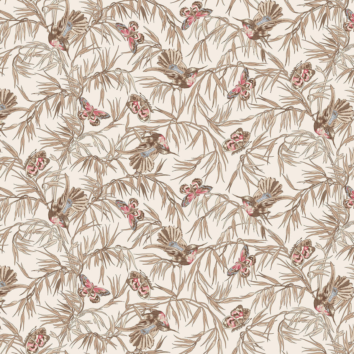 Birds and Butterflies White Meadow Blush 43"/44" Cotton Fabric Per Yard