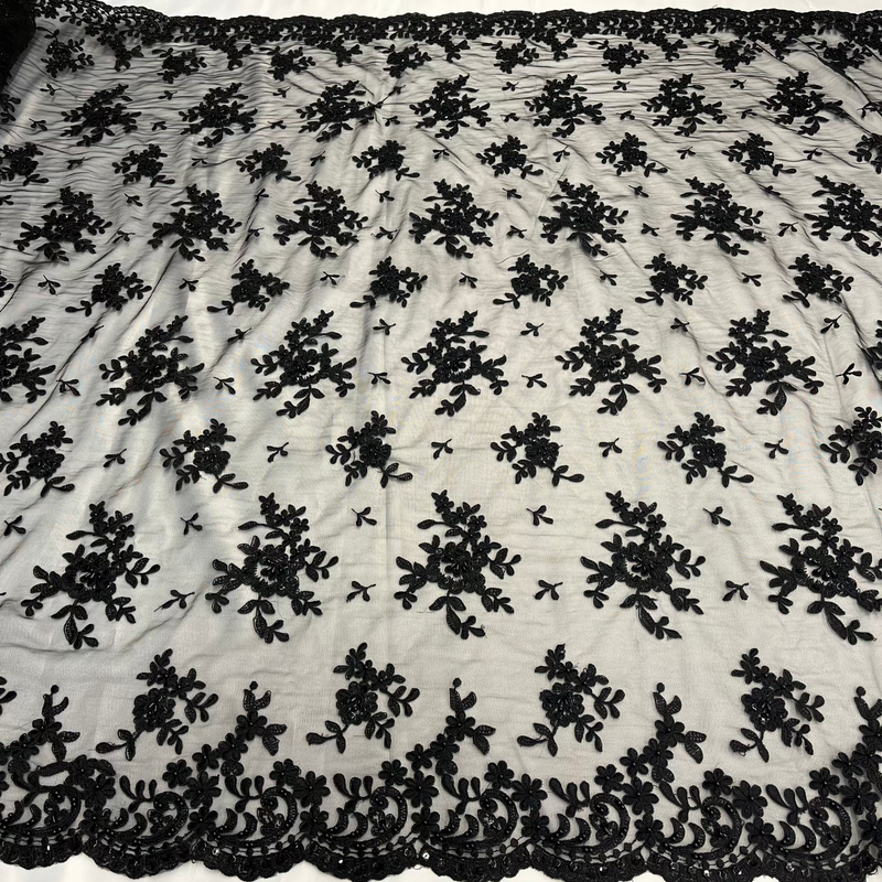 Beaded & Corded Bridal Lace Fabric Embroidered on 100% Polyester Net Mesh | Lace USA - 91436W-BP