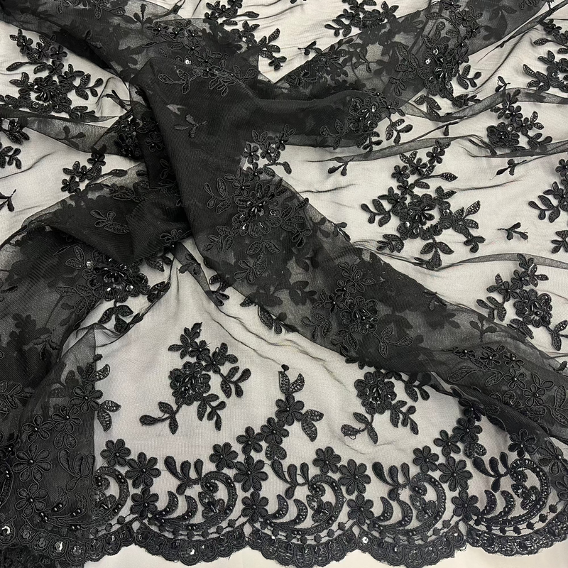 Beaded & Corded Bridal Lace Fabric Embroidered on 100% Polyester Net Mesh | Lace USA - 91436W-BP