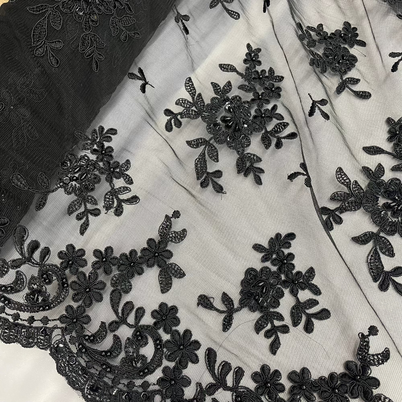 Beaded & Corded Bridal Lace Fabric Embroidered on 100% Polyester Net Mesh | Lace USA - 91436W-BP