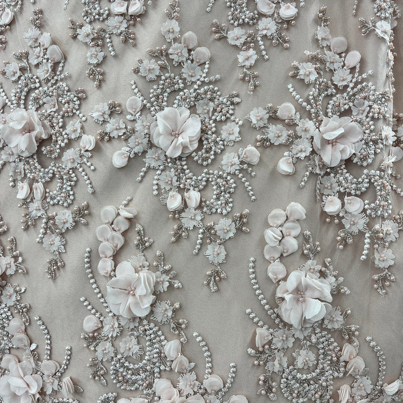 Beaded 3D Floral Lace Fabric Embroidered on 100% Polyester Net Mesh 
| Lace USA - GD-362