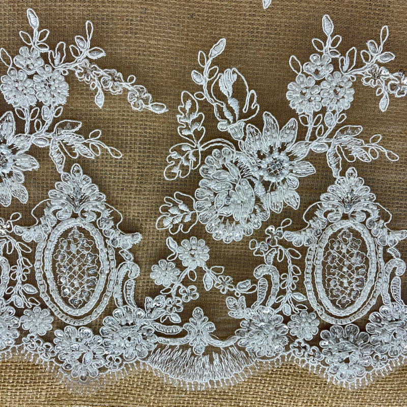 Beaded & Corded Bridal Lace Fabric Embroidered on 100% Polyester Net Mesh | Lace USA - 96788W-HB