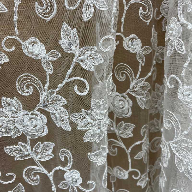 Beaded & Corded Bridal Lace Fabric Embroidered on 100% Polyester Net Mesh | Spandex Palace- 95042W-BP