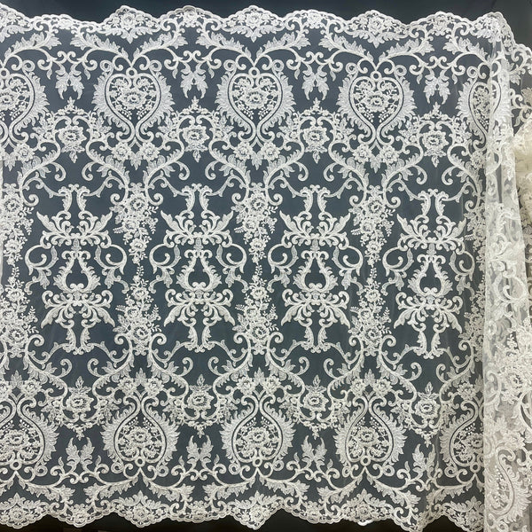 Beaded & Corded Bridal Lace Fabric Embroidered on 100% Polyester Net Mesh | Spandex Palace - GD-55719