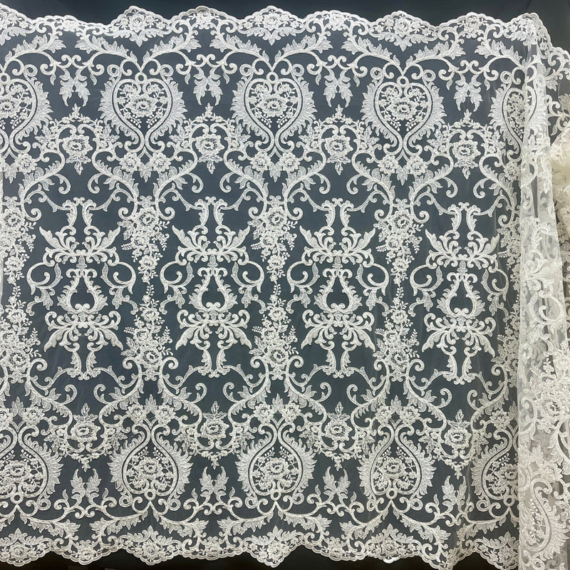 Beaded & Corded Bridal Lace Fabric Embroidered on 100% Polyester Net Mesh | Spandex Palace - GD-55719