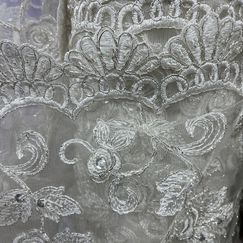 Beaded & Corded Bridal Lace Fabric Embroidered on 100% Polyester Net Mesh | Spandex Palace- 95042W-BP