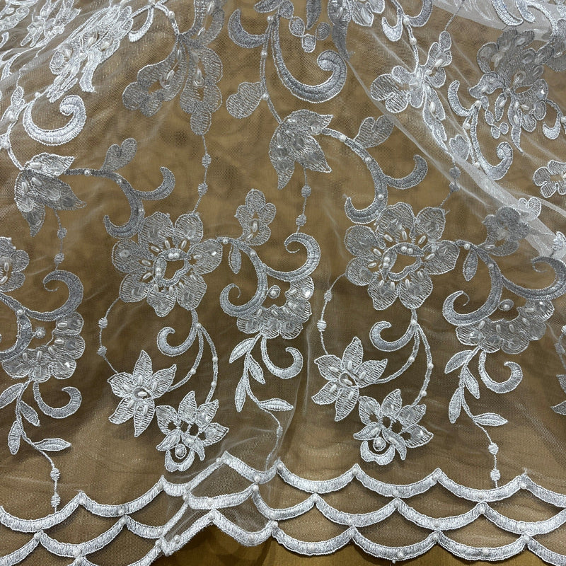 Beaded & Corded Bridal Lace Fabric Embroidered on 100% Polyester Net Mesh | Lace USA - 96297W-BP